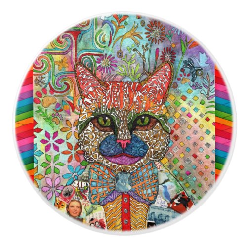 Colorful Mixed Media Pop Art Cat  Ceramic Knob