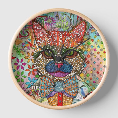 Colorful Mixed Media Pop Art Cat Clock