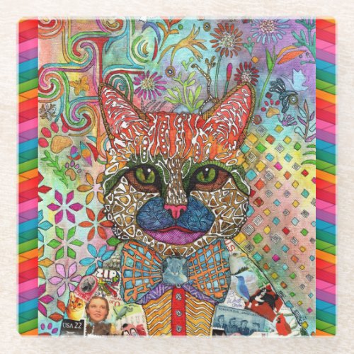 Colorful Mixed Media Pop Art Cat  Glass Coaster