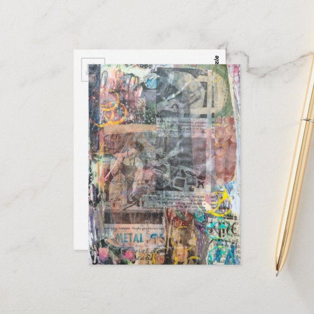 Colorful Mixed Media Retro Woodworking Collage Postcard (Front/Back In Situ)