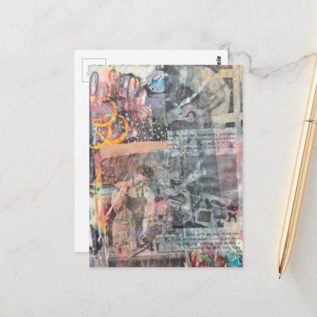 Colorful Mixed Media Retro Woodworking Collage Postcard (Front/Back In Situ)
