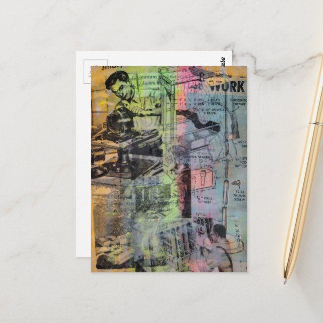 Colorful Mixed Media Retro Woodworking Men  Postcard (Front/Back In Situ)