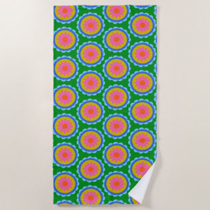 Colorful Mod 60s Bright Flower Mandala Pattern Beach Towel