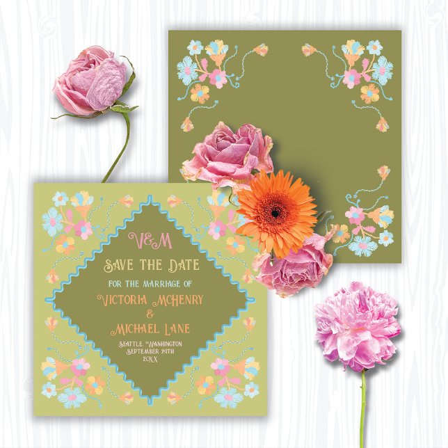 Colorful Mod Embroidery Save the Date Invitation (Creator Uploaded)