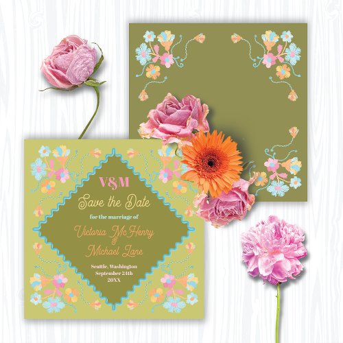 Colorful Mod Embroidery Save the Date Invitation