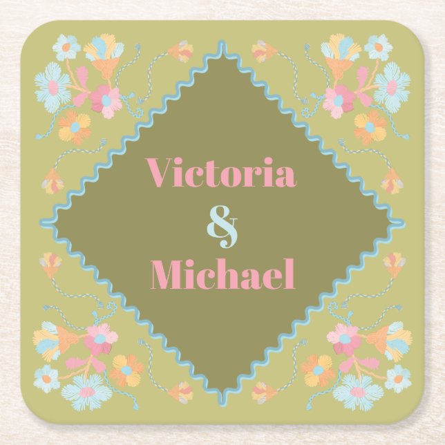 Colorful Mod Embroidery Square Paper Coaster (Front)