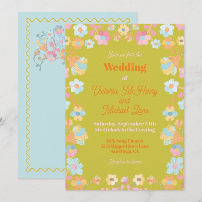 Colorful Mod Embroidery Wedding Invitation (Front/Back)