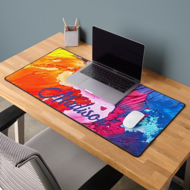 Colorful Modern Abstract Paint Personalize Name Desk Mat (Office 2)