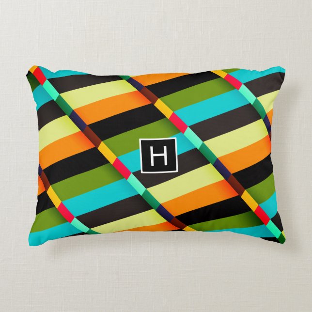Colorful Modern Abstract Stripes & Monogram Accent Pillow (Front)