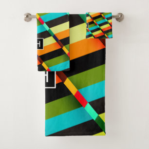 Colorful Modern Abstract Stripes & Monogram Bath Towel Set