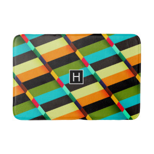 Colorful Modern Abstract Stripes & Monogram Bathroom Mat