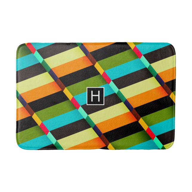 Colorful Modern Abstract Stripes & Monogram Bathroom Mat (Front)