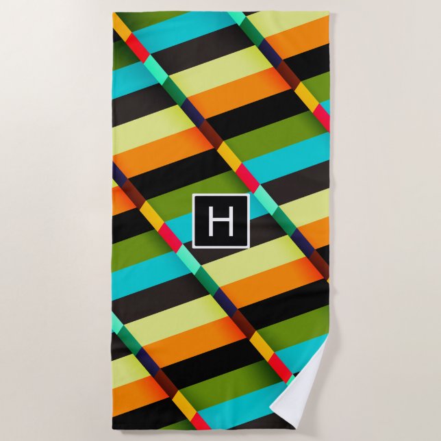 Colorful Modern Abstract Stripes & Monogram Beach Towel (Front)