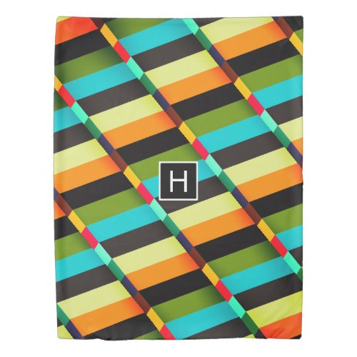 Colorful Modern Abstract Stripes  Monogram Duvet Cover
