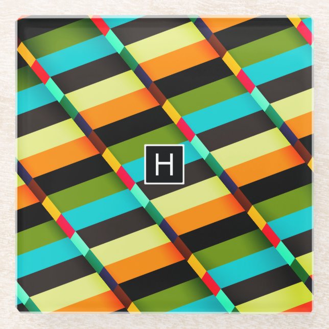 Colorful Modern Abstract Stripes & Monogram Glass Coaster (Front)