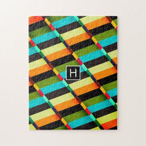 Colorful Modern Abstract Stripes  Monogram Jigsaw Puzzle