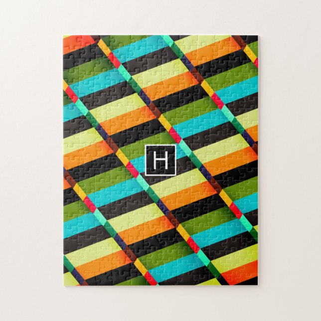 Colorful Modern Abstract Stripes & Monogram Jigsaw Puzzle (Vertical)