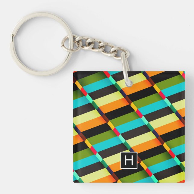 Colorful Modern Abstract Stripes & Monogram Keychain (Front)