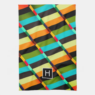 Colorful Modern Abstract Stripes & Monogram Kitchen Towel