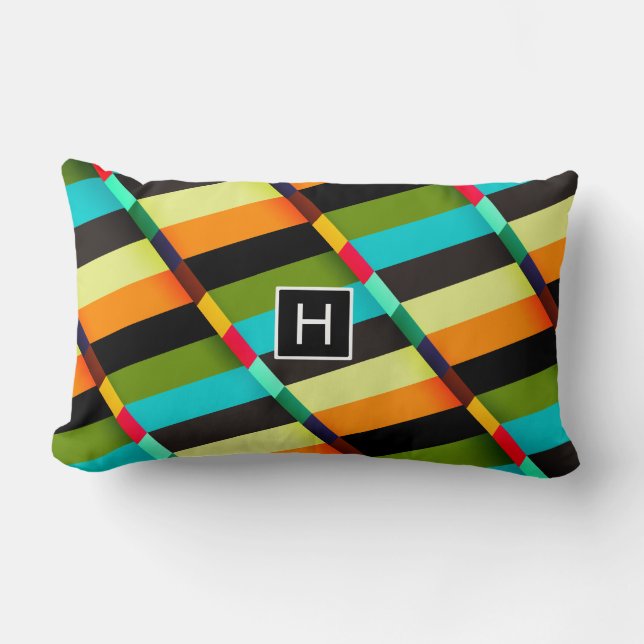 Colorful Modern Abstract Stripes & Monogram Lumbar Pillow (Front)