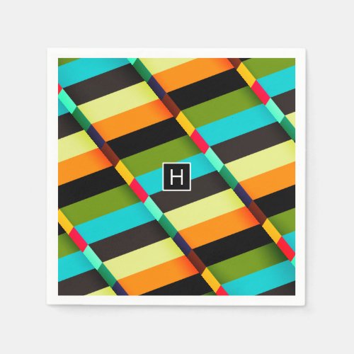 Colorful Modern Abstract Stripes  Monogram Napkins