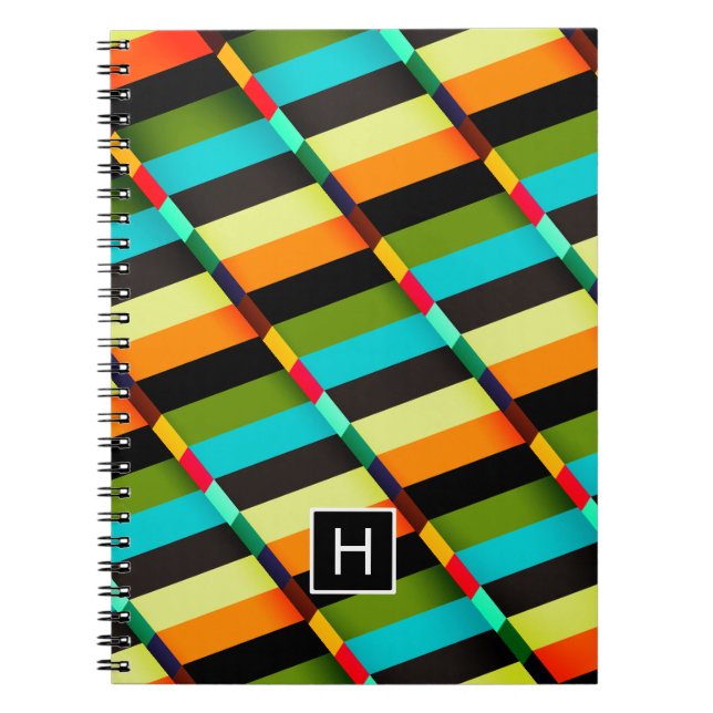 Colorful Modern Abstract Stripes & Monogram Notebook (Front)