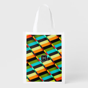 Colorful Modern Abstract Stripes & Monogram Reusable Grocery Bag