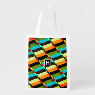Colorful Modern Abstract Stripes & Monogram Reusable Grocery Bag