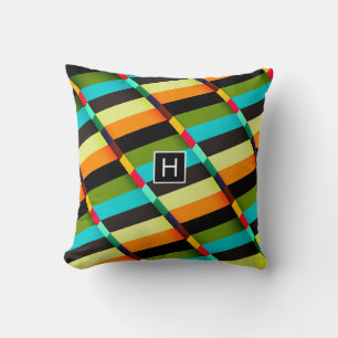 Colorful Modern Abstract Stripes & Monogram Throw Pillow