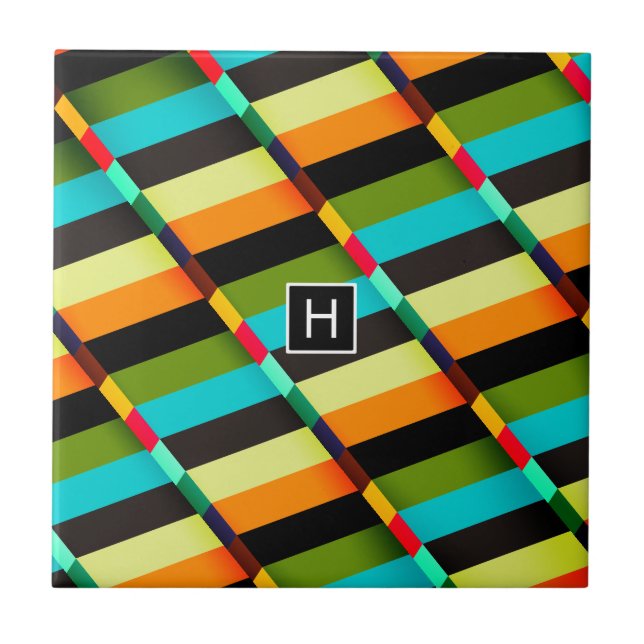Colorful Modern Abstract Stripes & Monogram Tile (Front)