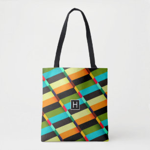 Colorful Modern Abstract Stripes & Monogram Tote Bag