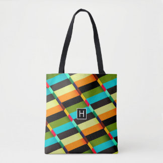 Colorful Modern Abstract Stripes & Monogram Tote Bag