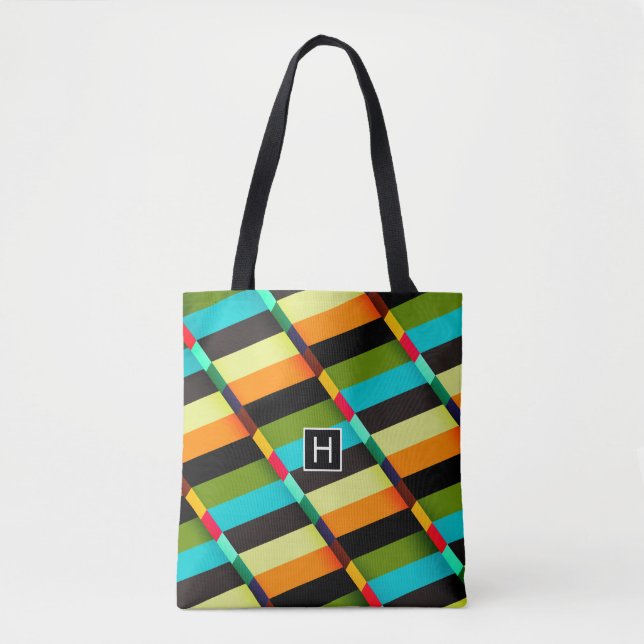Colorful Modern Abstract Stripes & Monogram Tote Bag (Front)