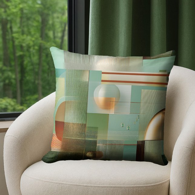 Colorful Modern Abstract Teal Gold  Throw Pillow (Pillow featuring a modern Bauhaus style abstract design in green, teal and gold.)