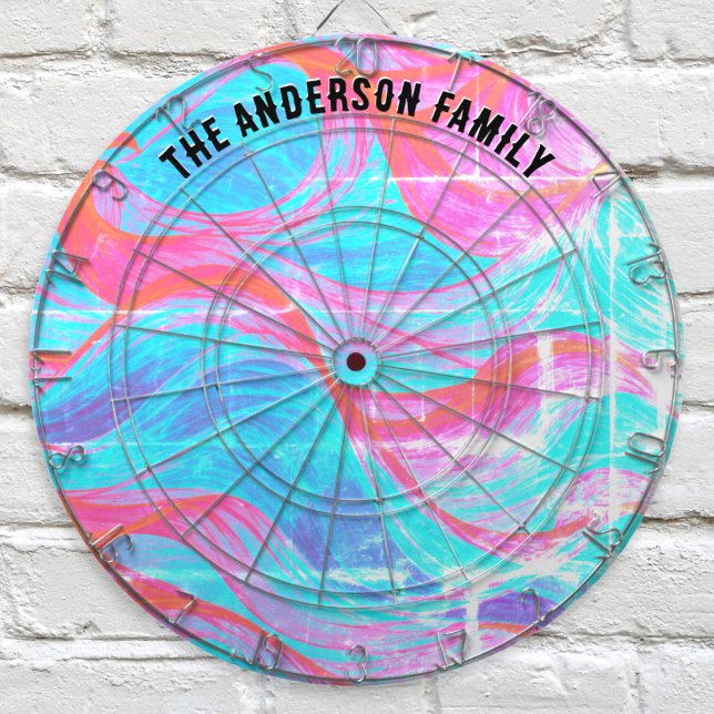 Colorful Modern Abstract Wave Pattern Personalized Dart Board (A modern, personalized dartboard with abstract flowing waves design in pink and blue)