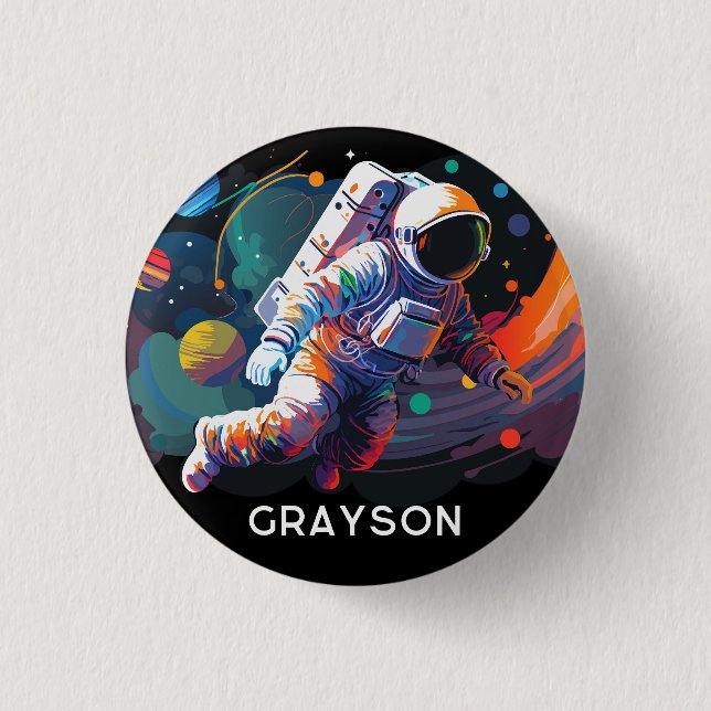 Colorful Modern Astronaut Space Personalized Name Button (Front)