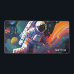 Colorful Modern Astronaut Space Personalized Name Desk Mat<br><div class="desc">Colorful Modern Astronaut Space Personalized Name Desk Mat features an astronaut floating though outer space with colorful planets and swishes and personalized with your name in modern script typography. Perfect as a gift for space lovers, family and friends for birthday, Christmas, holidays, Father's Day, brother, husband, partner, best friends, work...</div>