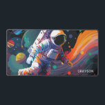 Colorful Modern Astronaut Space Personalized Name Desk Mat<br><div class="desc">Colorful Modern Astronaut Space Personalized Name Desk Mat features an astronaut floating though outer space with colorful planets and swishes and personalized with your name in modern script typography. Perfect as a gift for space lovers, family and friends for birthday, Christmas, holidays, Father's Day, brother, husband, partner, best friends, work...</div>