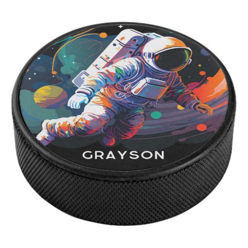 Colorful Modern Astronaut Space Personalized Name Hockey Puck