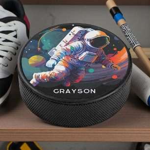 Colorful Modern Astronaut Space Personalized Name Hockey Puck