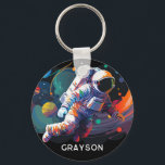 Colorful Modern Astronaut Space Personalized Name Keychain<br><div class="desc">Colorful Modern Astronaut Space Personalized Name Keychain features an astronaut floating though outer space with colorful planets and swishes and personalized with your name in modern script typography. Perfect as a gift for space lovers, family and friends for birthday, Christmas, holidays, Father's Day, brother, husband, partner, best friends, work colleagues...</div>