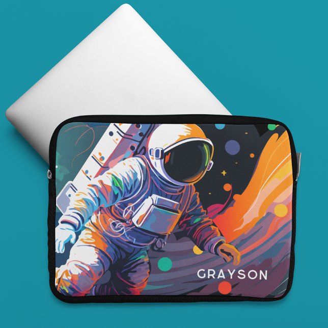 Colorful Modern Astronaut Space Personalized Name Laptop Sleeve (Creator Uploaded)