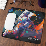 Colorful Modern Astronaut Space Personalized Name Mouse Pad<br><div class="desc">Colorful Modern Astronaut Space Personalized Name Mouse Pad Mousepad features an astronaut floating though outer space with colorful planets and swishes and personalized with your name in modern script typography. Perfect as a gift for space lovers, family and friends for birthday, Christmas, holidays, Father's Day, brother, husband, partner, best friends,...</div>