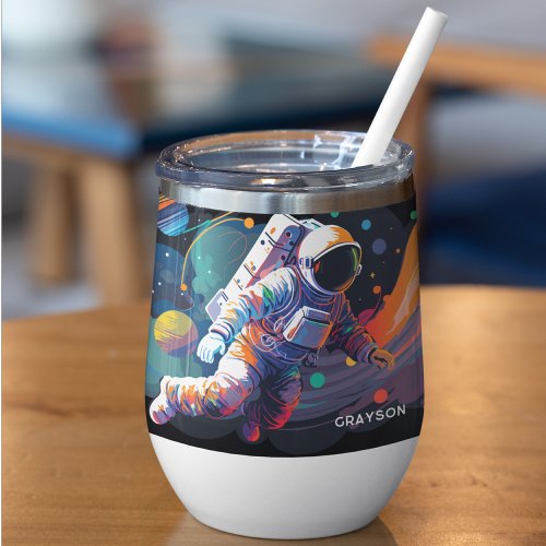 Colorful Modern Astronaut Space Personalized Name Thermal Wine Tumbler