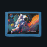 Colorful Modern Astronaut Space Personalized Name Trifold Wallet<br><div class="desc">Colorful Modern Astronaut Space Personalized Name Mens Wallets features an astronaut floating though outer space with colorful planets and swishes and personalized with your name in modern script typography. Perfect as a gift for space lovers, family and friends for birthday, Christmas, holidays, Father's Day, brother, husband, partner, best friends, work...</div>