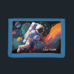 Colorful Modern Astronaut Space Personalized Name Trifold Wallet<br><div class="desc">Colorful Modern Astronaut Space Personalized Name Mens Wallets features an astronaut floating though outer space with colorful planets and swishes and personalized with your name in modern script typography. Perfect as a gift for space lovers, family and friends for birthday, Christmas, holidays, Father's Day, brother, husband, partner, best friends, work...</div>