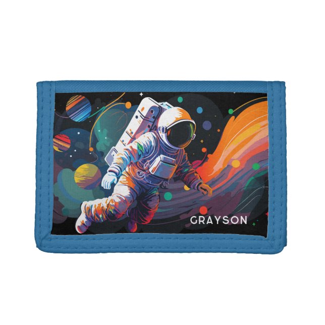 Colorful Modern Astronaut Space Personalized Name Trifold Wallet (Front)