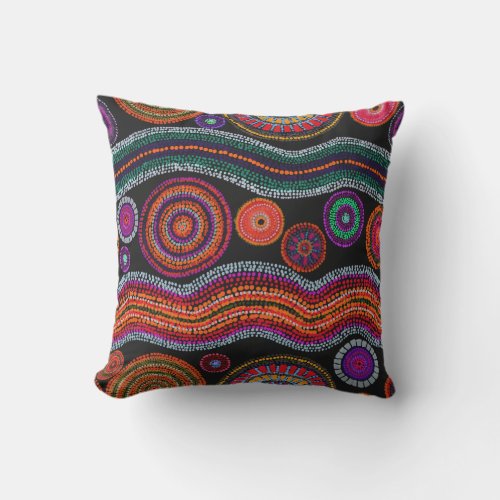 Colorful Modern Australian Dot Art Tribal Pattern Outdoor Pillow