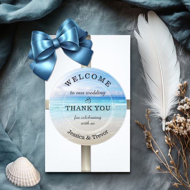 Colorful Modern Beach Wedding Thank You  Classic Round Sticker (Round sticker featuring a colorful beach - beach or destination wedding favor)