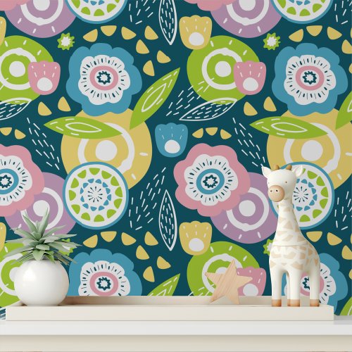 Colorful Modern Blue Yellow Pink Floral Pattern Wallpaper